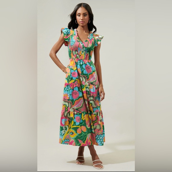 Sugarlips Dresses & Skirts - NWT Sugarlips 1X Lanai Multi Color Tropic Smocked MIDI Dress